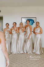 Vestido de dama de honor de satén elástico, corte tubo, un solo hombro, ideal para bodas y fiestas. 