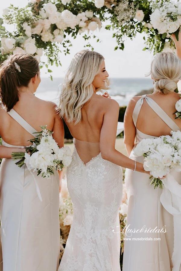 Vestido de dama de honor de satén elástico, corte tubo, un solo hombro, ideal para bodas y fiestas. 
