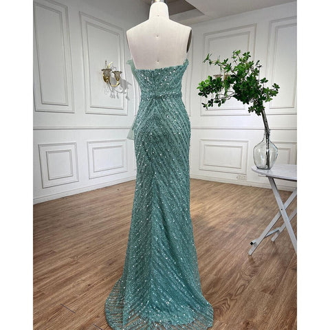 Impresionantes vestidos de noche de sirena turquesa con abertura alta y diseño de cuentas árabes para mujer, ideal para bodas LA72097
