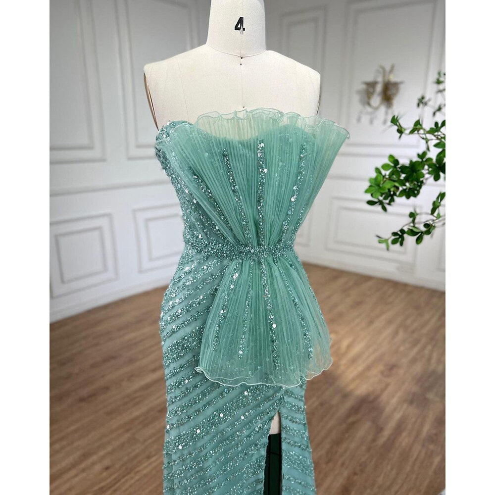 Stunning Turquoise Mermaid Evening Dresses with High Split And Beaded Design Arabic For Women Wedding Party LA72097