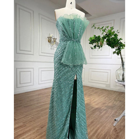 Impresionantes vestidos de noche de sirena turquesa con abertura alta y diseño de cuentas árabes para mujer, ideal para bodas LA72097