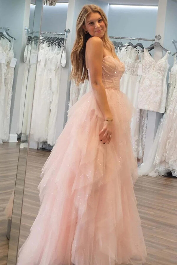 Stunning Light Pink Tulle A-line Strapless Prom Dress, Evening Dresses
