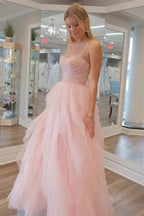 Stunning Light Pink Tulle A-line Strapless Prom Dress, Evening Dresses