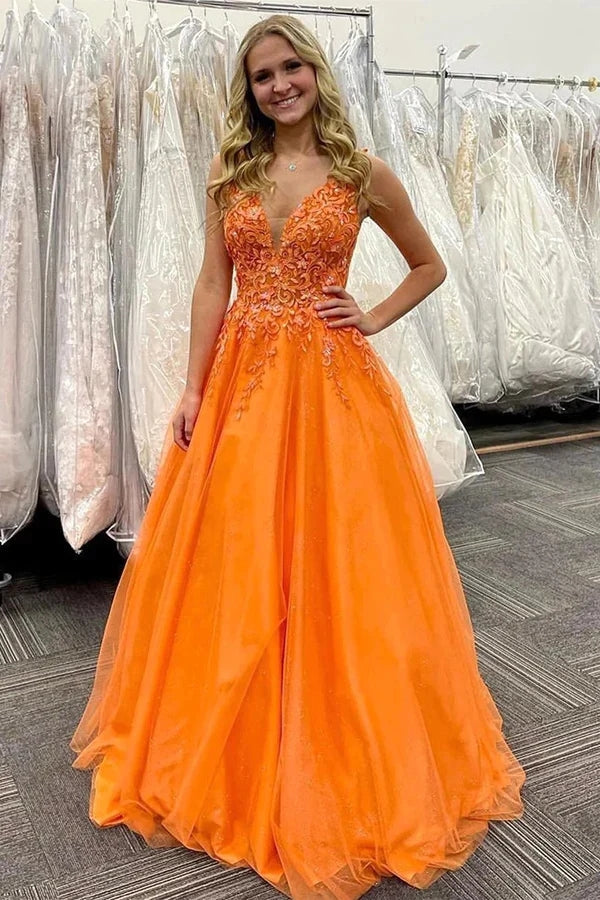 Tulle A-line V-neck Lace Appliques Prom Dresses, Evening Gown