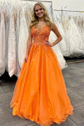 Tulle A-line V-neck Lace Appliques Prom Dresses, Evening Gown