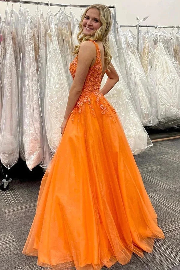 Tulle A-line V-neck Lace Appliques Prom Dresses, Evening Gown