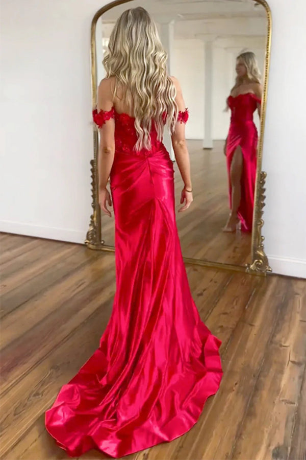 Impresionante vestido largo rojo de fiesta con hombros descubiertos y flores en 3D