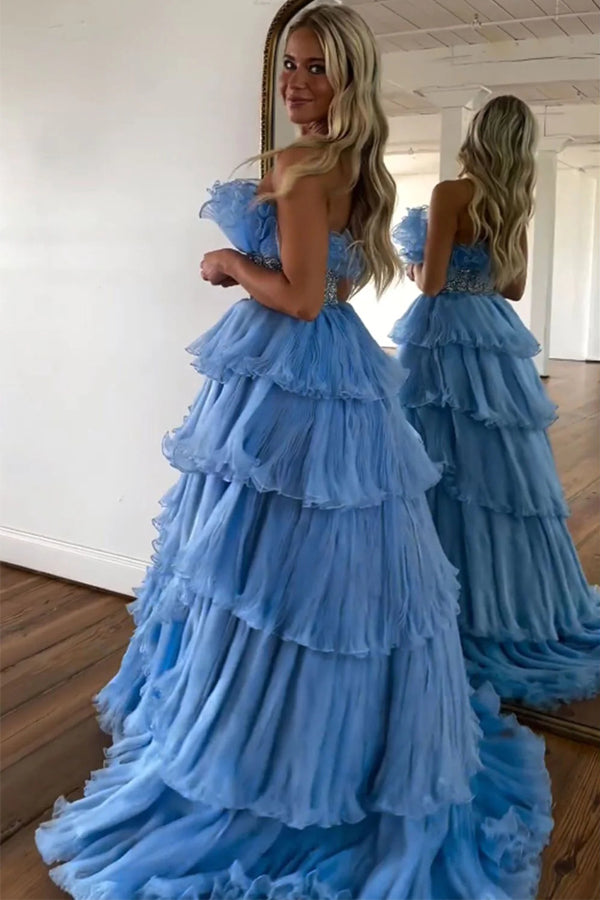 Elegante vestido de fiesta largo azul sin tirantes, corte en A y con volantes, con cinturón PSK483