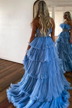 Elegante vestido de fiesta largo azul sin tirantes, corte en A y con volantes, con cinturón PSK483