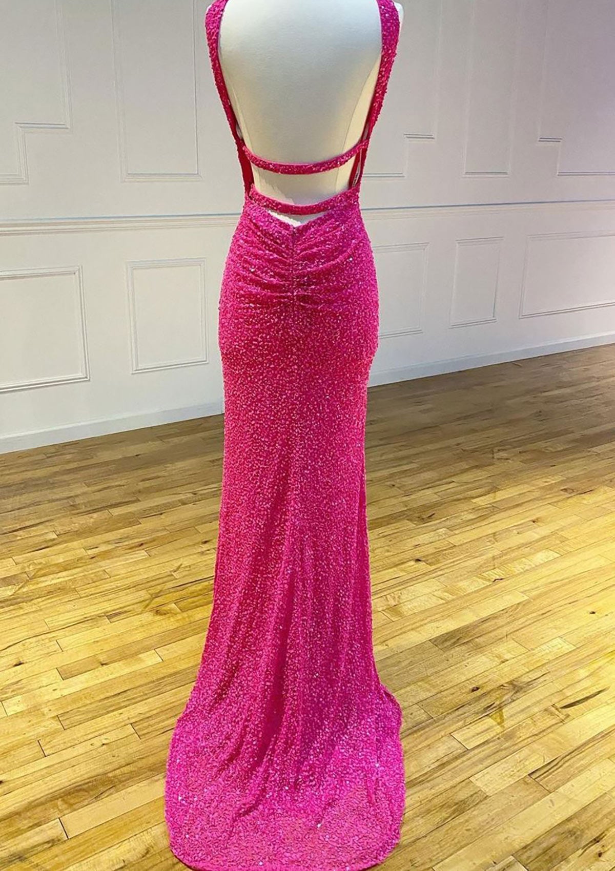 Sequin Evening Gown Criss Cross Halter Prom Dress with Slit VMP88