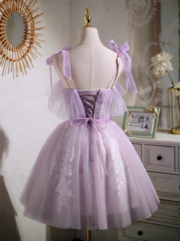 Vestido corto de fiesta de graduación estilo A, color morado dulce, con lazo PD463
