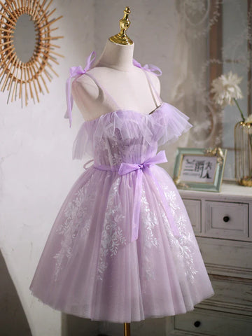 Vestido corto de fiesta de graduación estilo A, color morado dulce, con lazo PD463