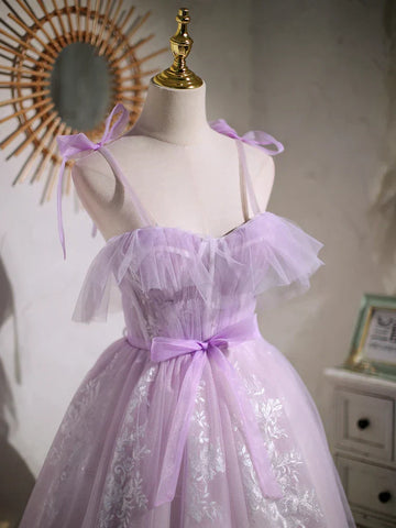 Vestido corto de fiesta de graduación estilo A, color morado dulce, con lazo PD463