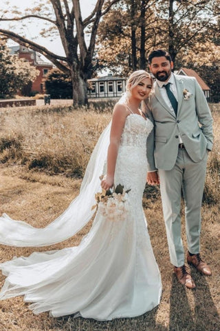 Vestidos de novia de sirena con tirantes finos de tul y escote corazón, con apliques