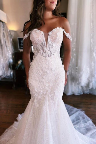 Robe de mariée sirène blanche en dentelle à décolleté cœur