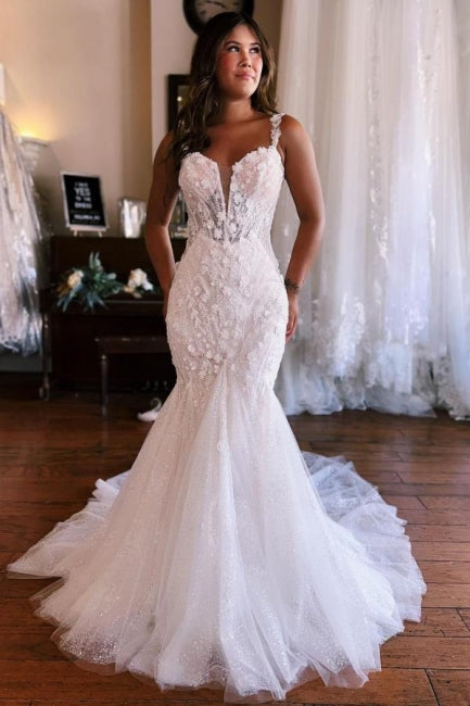 Robe de mariée sirène blanche en dentelle à décolleté cœur