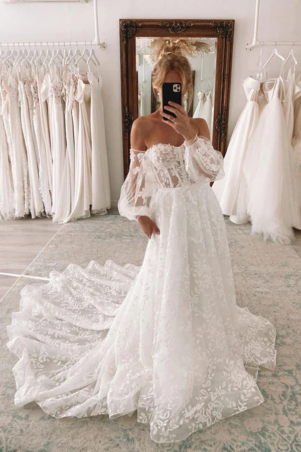 Robe de mariée bustier en dentelle avec manches bouffantes amovibles WD640