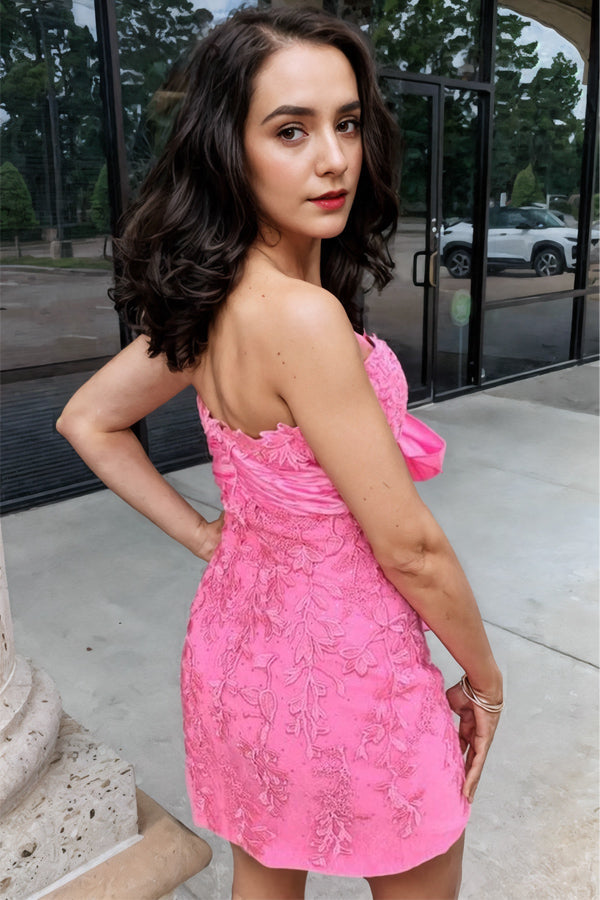 Vestido rosa ajustado de encaje sin tirantes con escote corazón para baile de bienvenida PD546