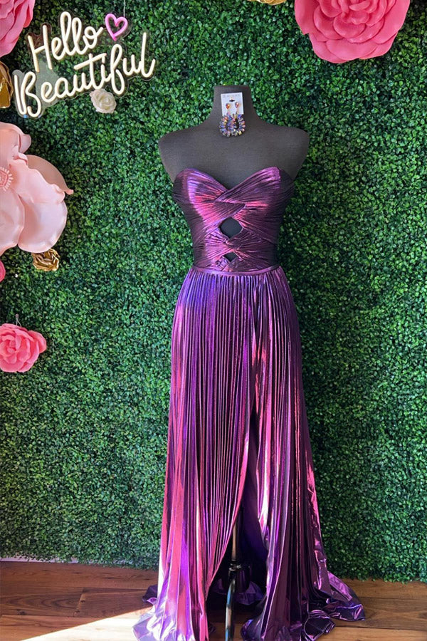 Sweetheart Metallic Pleated Emerald Green Long Prom Dress