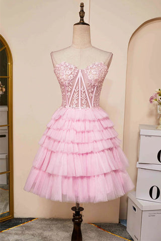 Robe de bal rose bustier à encolure cœur et volants PD514