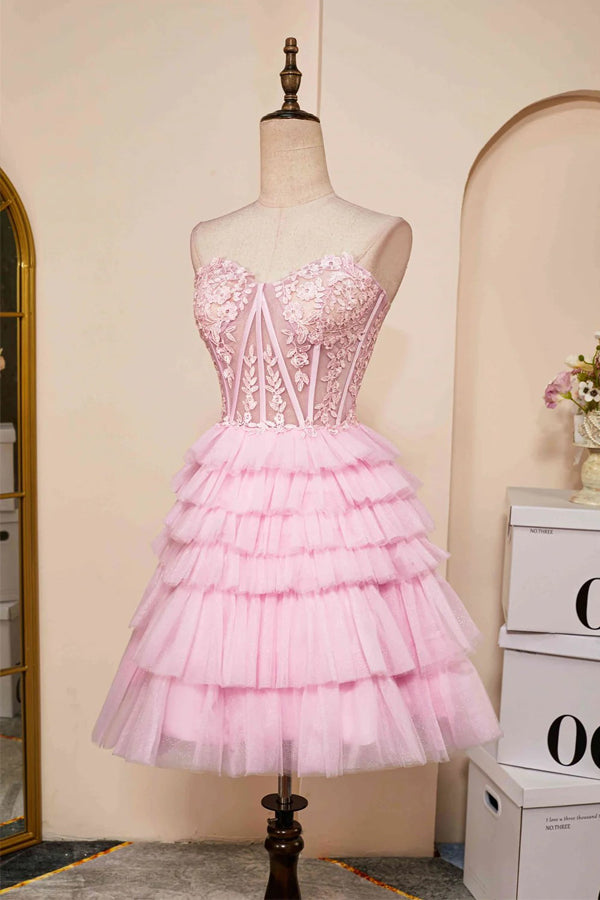 Robe de bal rose bustier à encolure cœur et volants PD514