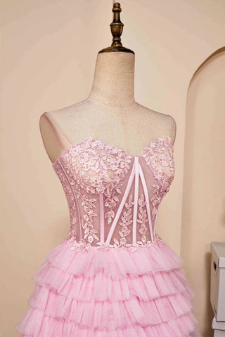 Robe de bal rose bustier à encolure cœur et volants PD514