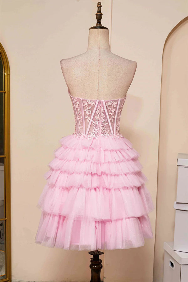 Robe de bal rose bustier à encolure cœur et volants PD514
