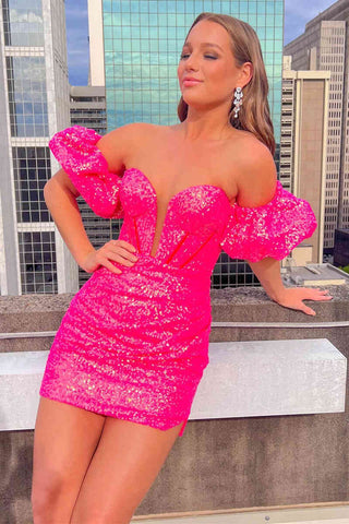 Puff Sleeves Hot Pink Homecoming Dress SYH26