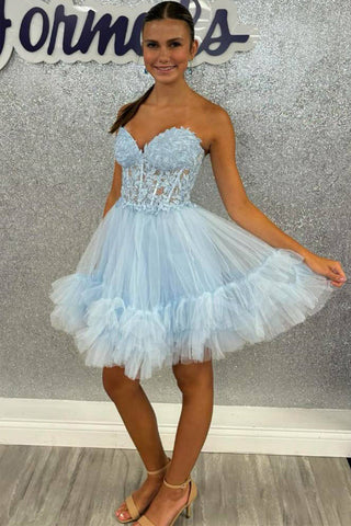 Robe de bal bleu clair à volants et corset transparent en forme de cœur PD531