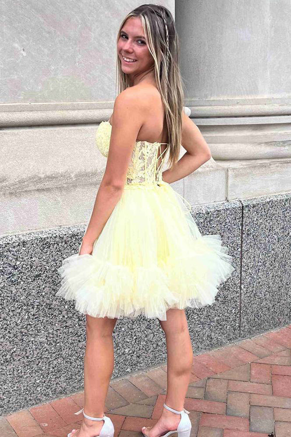 Robe de bal bleu clair à volants et corset transparent en forme de cœur PD531