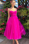 Vestido de graduación rosa fucsia con escote corazón hasta el tobillo. Vestido de graduación sencillo.