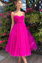 Vestido de graduación rosa fucsia con escote corazón hasta el tobillo. Vestido de graduación sencillo.