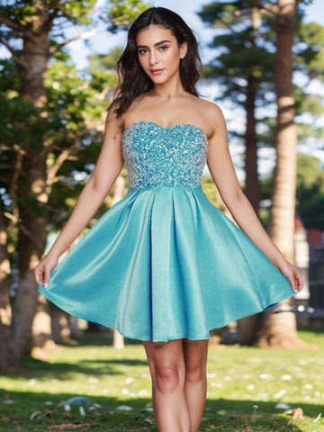 Sweetheart Sequin A-Line Satin Short Prom Dress VMH116