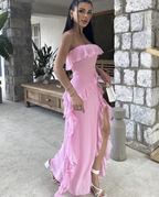Robe de soirée longue rose, bustier, à volants et fente, idéale pour un anniversaire ou un bal de promo (Y8203)
