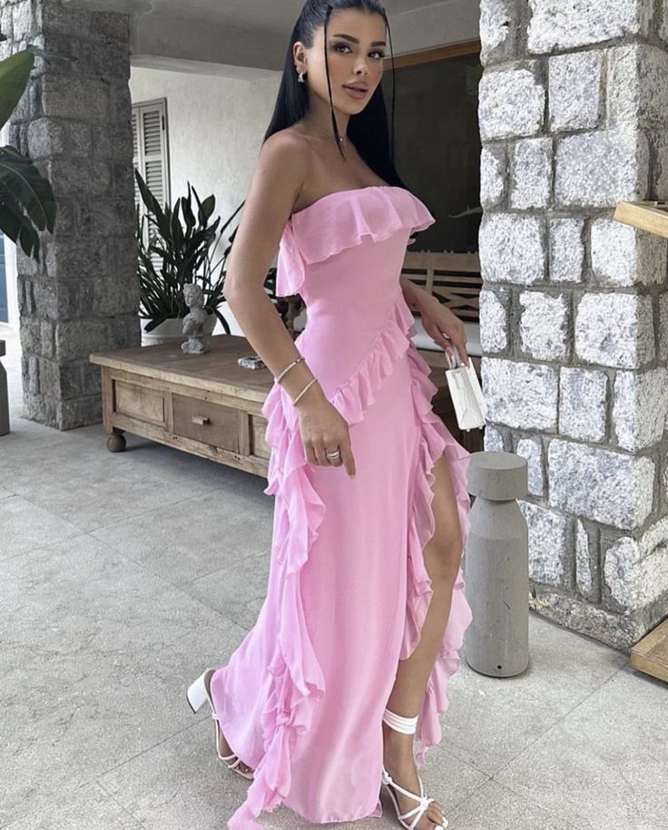 Robe de soirée longue rose, bustier, à volants et fente, idéale pour un anniversaire ou un bal de promo (Y8203)