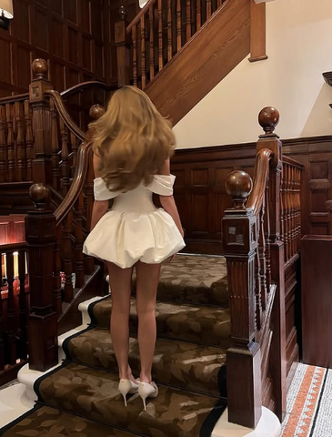 White Off The Shoulder Satin A Line Homecoming Dress Mini Prom Dress Y8420