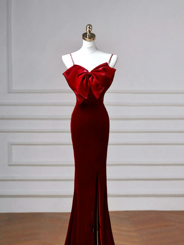 Charming Burgundy Velvet Slit Mermaid Evening Dress Long Prom Dress Y8603
