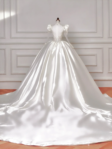 Gorgeous White Satin Lace Appliques A Line Wedding Dress,Formal Prom Dress Y8607