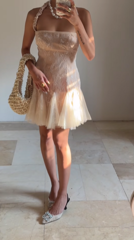 Robe de bal courte dos nu en dentelle et tulle, mignonne, Y8502