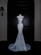 Beautiful Mermaid Sequin Beaded Evening Dress Blue Tulle Prom Dress Y8690