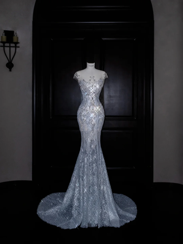 Beautiful Mermaid Sequin Beaded Evening Dress Blue Tulle Prom Dress Y8690