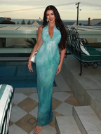 Robe de bal longue imprimée en mousseline bleue élégante dos nu Y8478