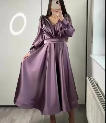 Tea Length Long Puff Sleeve Evening Dress for Wedding Party Beaded Appliques Arabic Short Prom Party Y5018