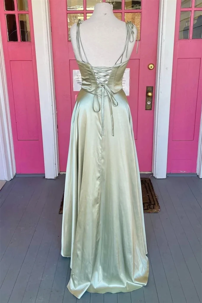 Robe de bal longue en satin sauge dos nu avec fente haute, robe de soirée longue sauge formelle pour remise de diplômes Y207