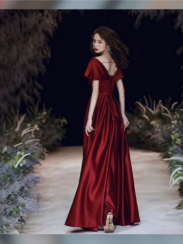 Vestido de noche corte A, escote en V, vestido de graduación, bata corta de fiesta con mangas casquillo, vestido largo de satén formal para mujer, vestido hecho a medida Y4574