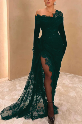 Elegante vestido de fiesta largo de encaje negro asimétrico con abertura alta Y7984