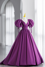 Vestido largo de fiesta de satén morado con mangas abullonadas y escote en V Y856
