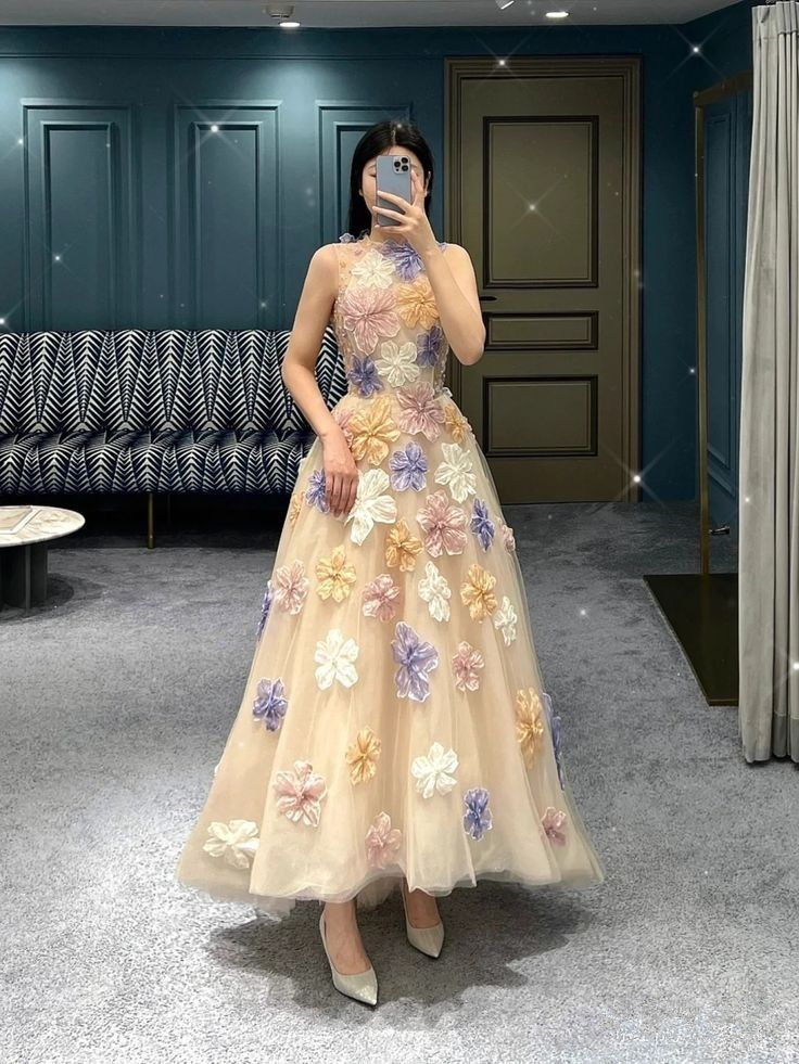 Vestido de fiesta único de tul corte A con flores, vestido de noche formal Y2871