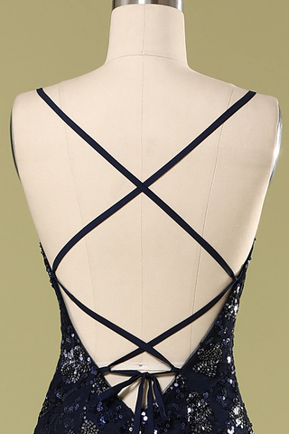 Robe de soirée bleu marine ornée de perles et de sequins, robe de bal chic Y1832