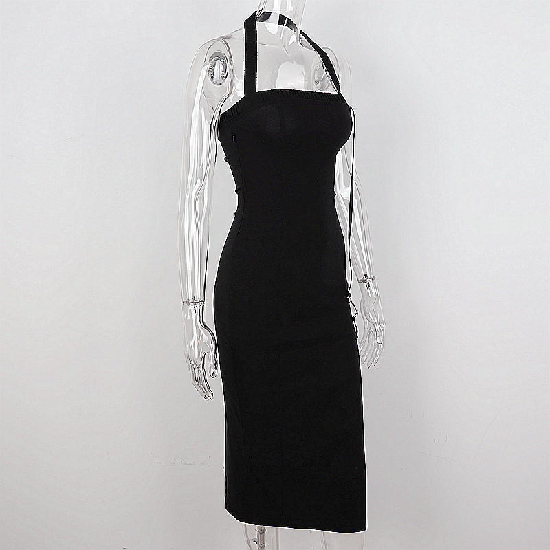 Vestido de fiesta negro de mujer con cuello halter y abertura, sexy vestido de noche negro sin mangas Y1161